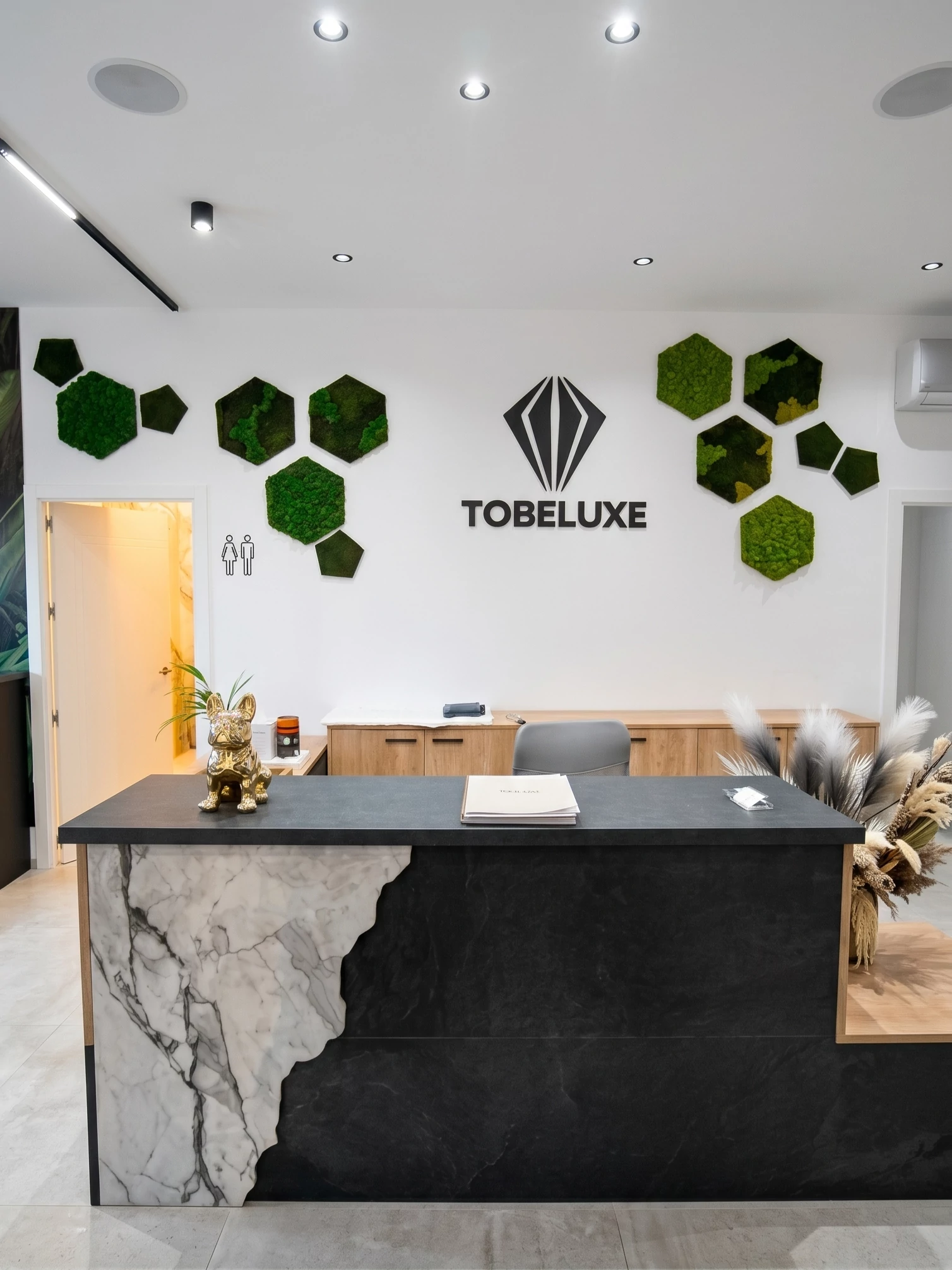 Hexágonos de musgo junto al logotipo en recepción